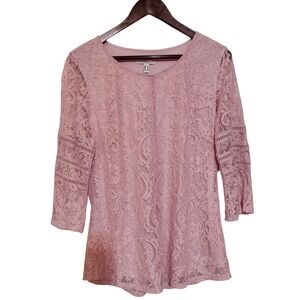 Isaac Mizrahi Live Womens Pink Floral Lace 3/4 Sleeve Blouse Top Size L Elegant